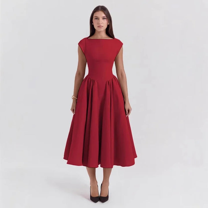 Women’s Cap Sleeve Midi Dress with Boat Neck and Gathered Waist