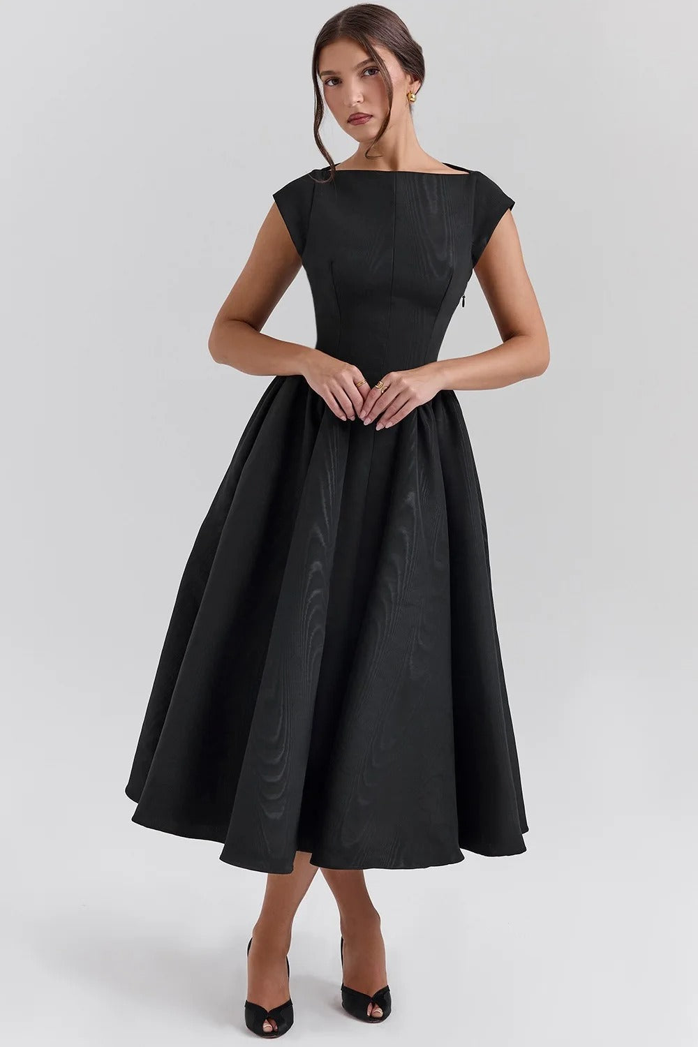 Womens Cap Sleeve Midi Dress with Boat Neck and Gathered Waist - Apricot 2XL Womens Cap Sleeve Midi Dress with Boat Neck and Gathered Waist - Apricot 2XL