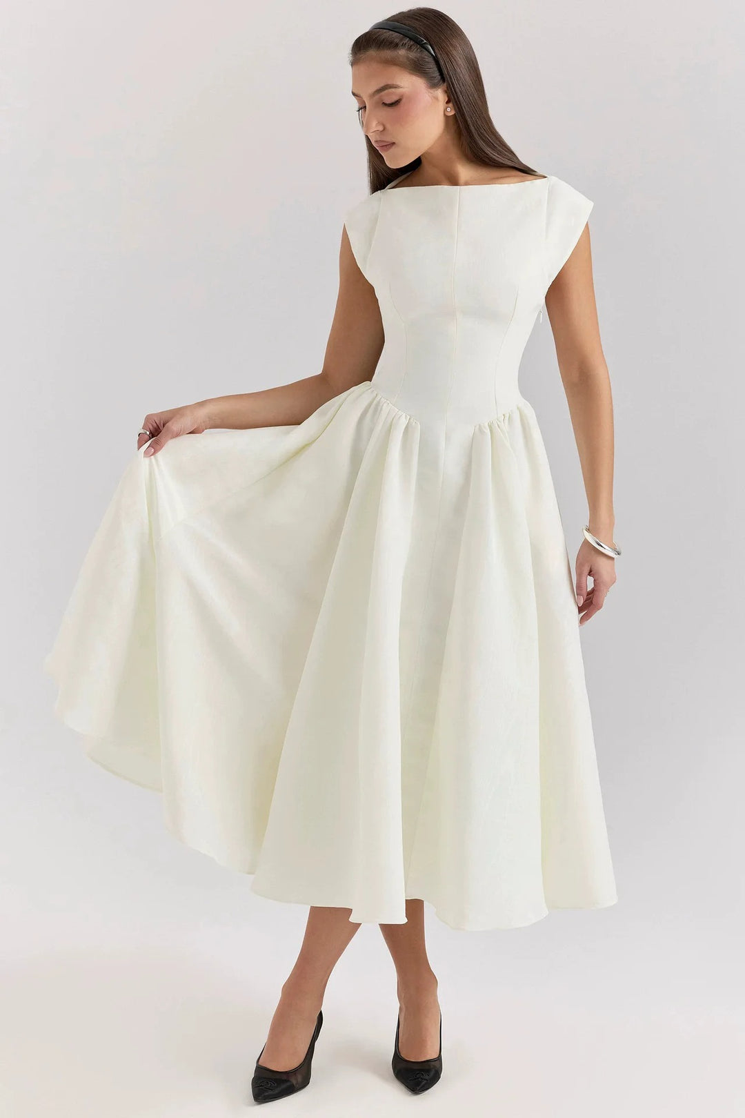 Womens Cap Sleeve Midi Dress with Boat Neck and Gathered Waist - Apricot 2XL Womens Cap Sleeve Midi Dress with Boat Neck and Gathered Waist - Apricot 2XL