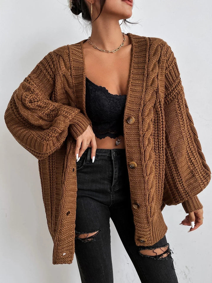 Women’s Chunky Cable Knit Cardigan with Puff Sleeves and Button Front