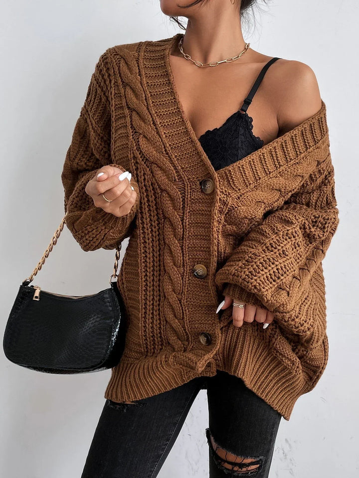 Women’s Chunky Cable Knit Cardigan with Puff Sleeves and Button Front