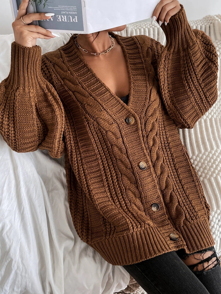 Women’s Chunky Cable Knit Cardigan with Puff Sleeves and Button Front