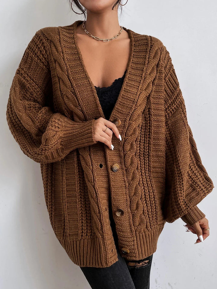 Women’s Chunky Cable Knit Cardigan with Puff Sleeves and Button Front