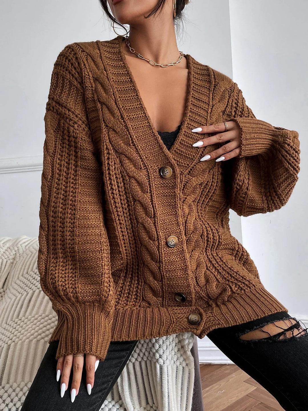 Women’s Chunky Cable Knit Cardigan with Puff Sleeves and Button Front