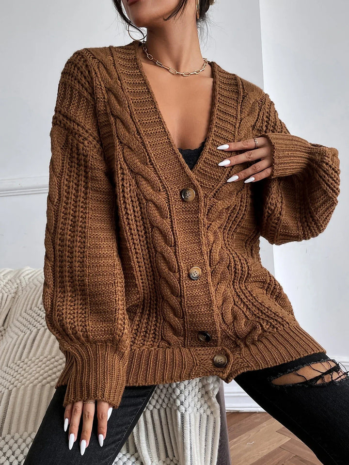 Women’s Chunky Cable Knit Cardigan with Puff Sleeves and Button Front