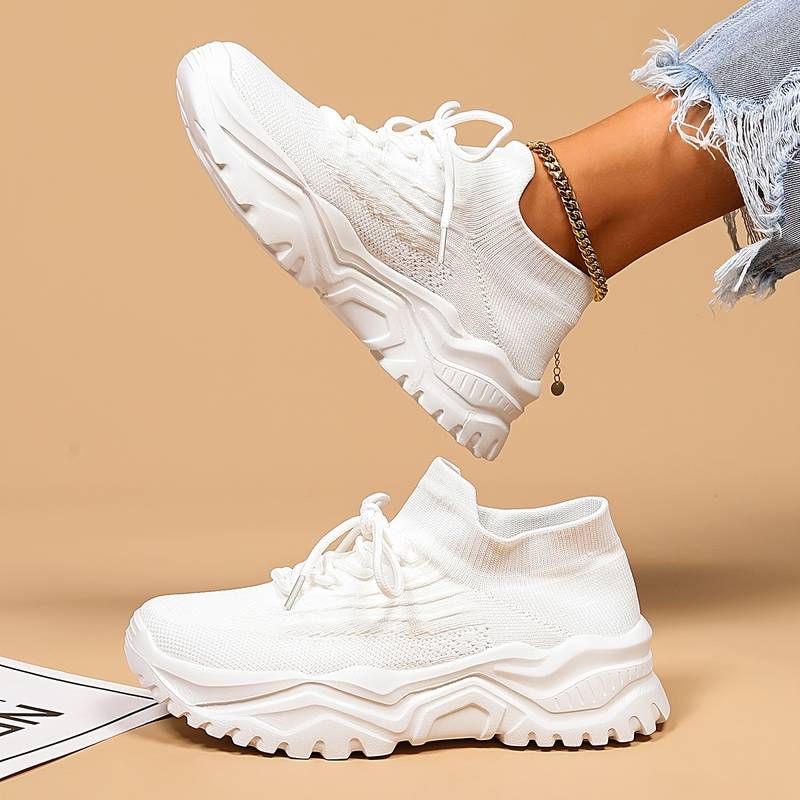Women's Chunky Sole Sneakers with Lacing and Textured Knit