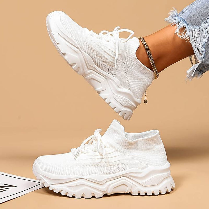 Women's Chunky Sole Sneakers with Lacing and Textured Knit