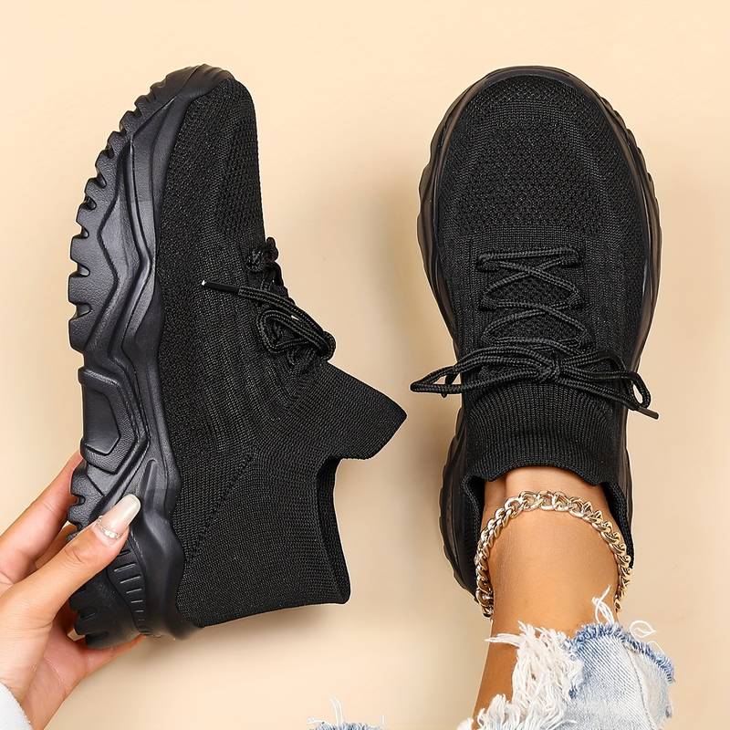 Women's Chunky Sole Sneakers with Lacing and Textured Knit