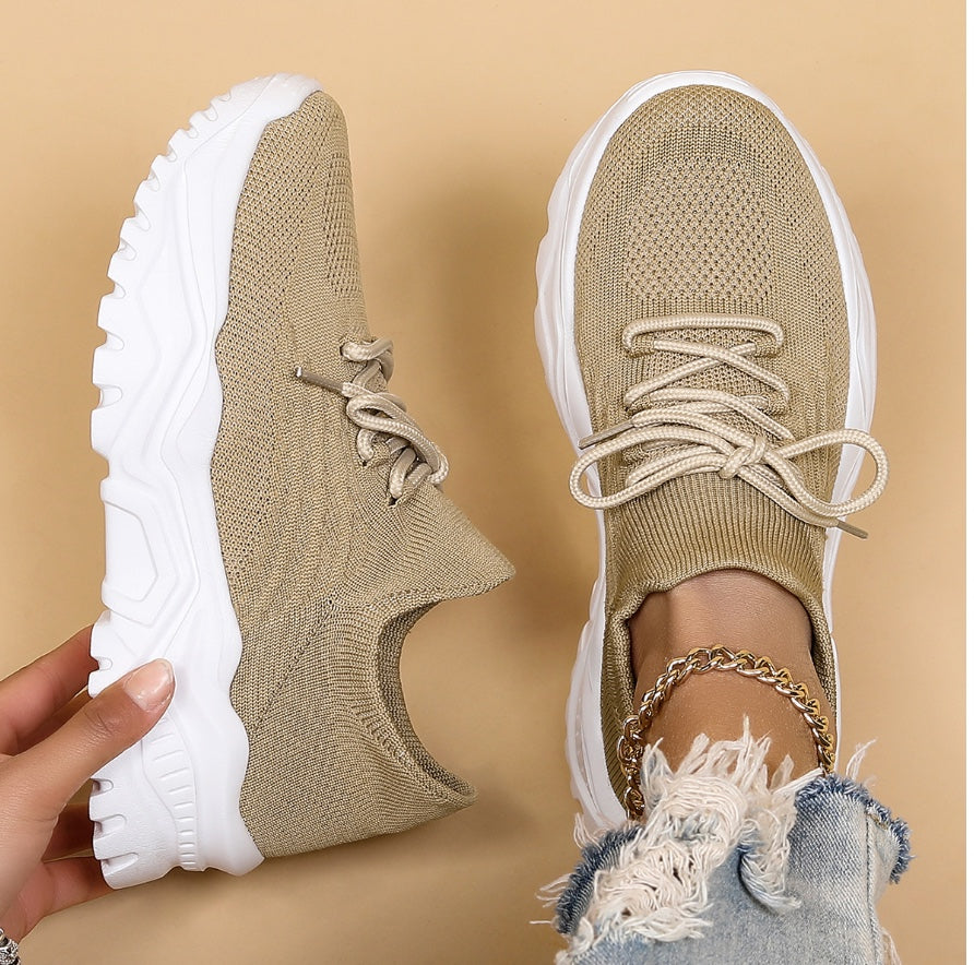 Women's Chunky Sole Sneakers with Lacing and Textured Knit