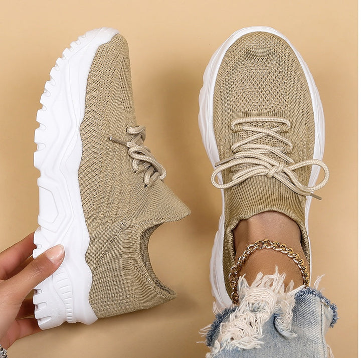 Women's Chunky Sole Sneakers with Lacing and Textured Knit