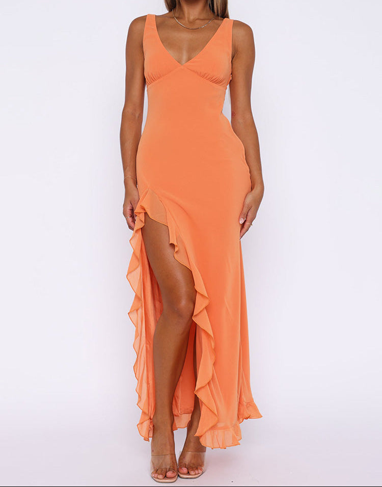 Women's Cocktail Dress with V-Neck and Ruffled Side Slit