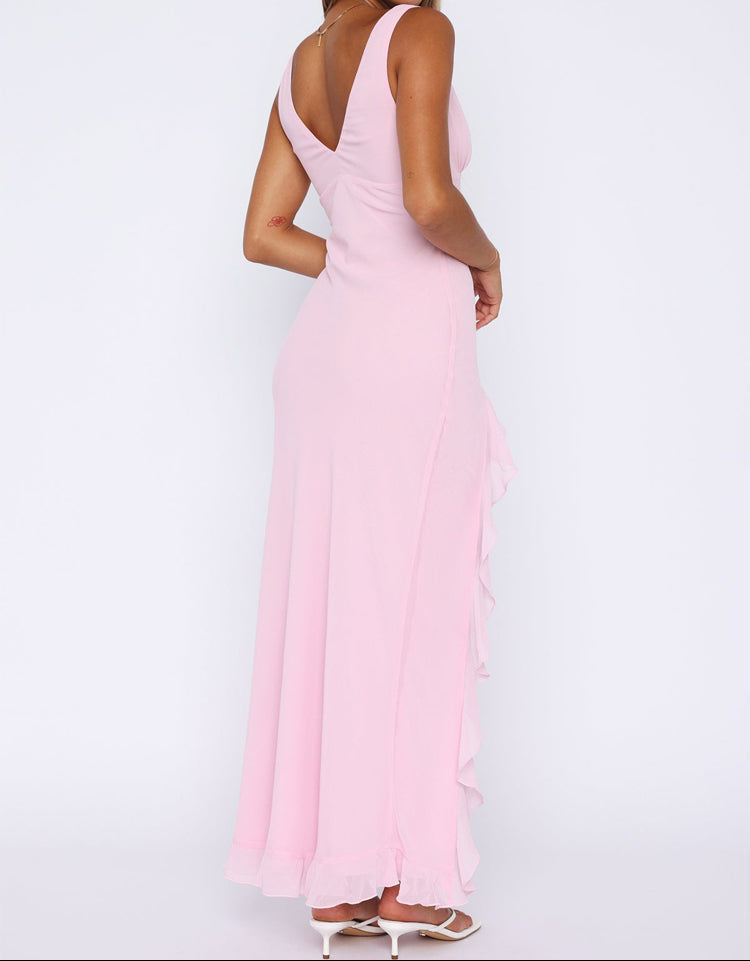 Women's Cocktail Dress with V-Neck and Ruffled Side Slit
