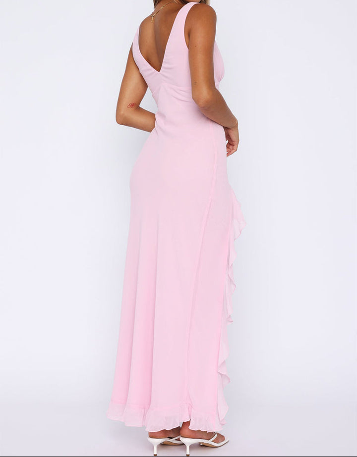 Women's Cocktail Dress with V-Neck and Ruffled Side Slit