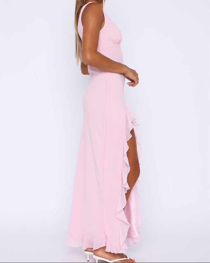 Women's Cocktail Dress with V-Neck and Ruffled Side Slit