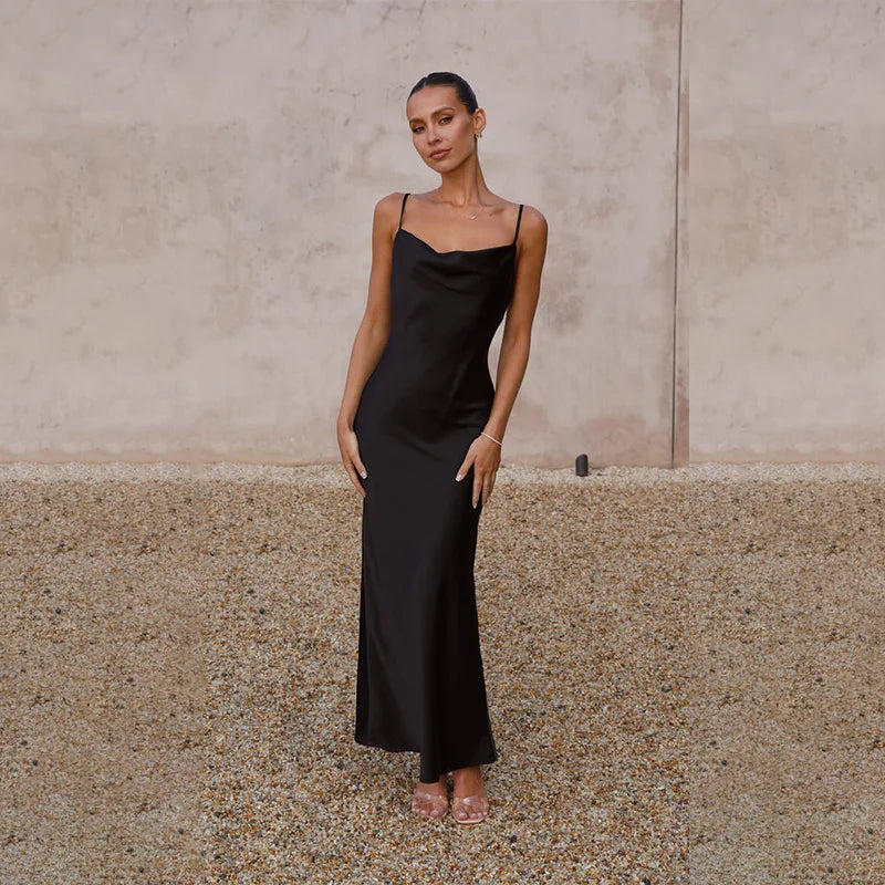 Women's Cowl Neck Maxi Wedding Guest Dress with Spaghetti Straps and Floor-Length Hem