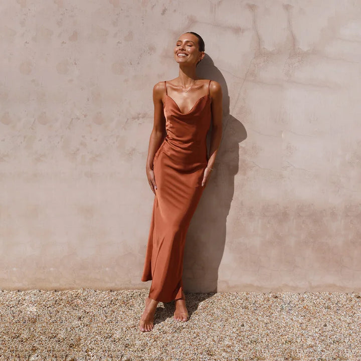 Women's Cowl Neck Maxi Wedding Guest Dress with Spaghetti Straps and Floor-Length Hem