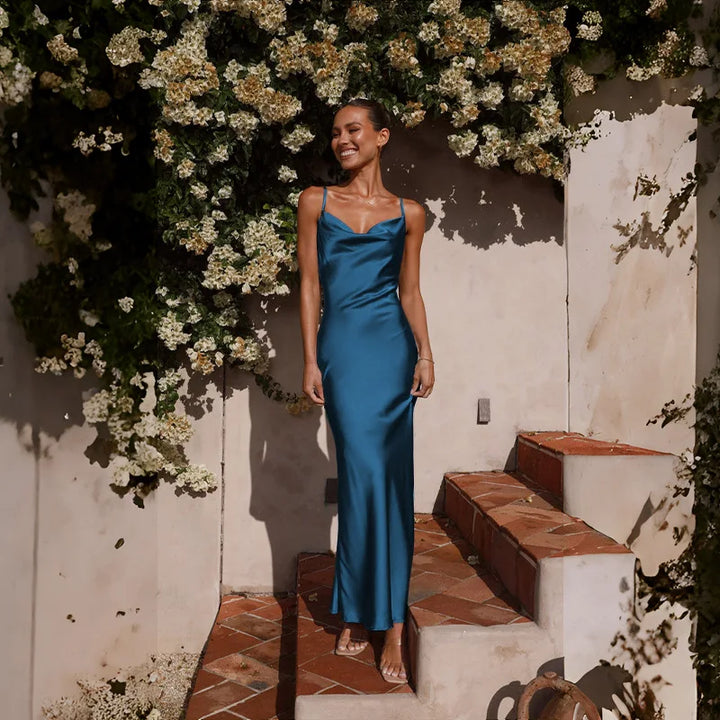 Women's Cowl Neck Maxi Wedding Guest Dress with Spaghetti Straps and Floor-Length Hem