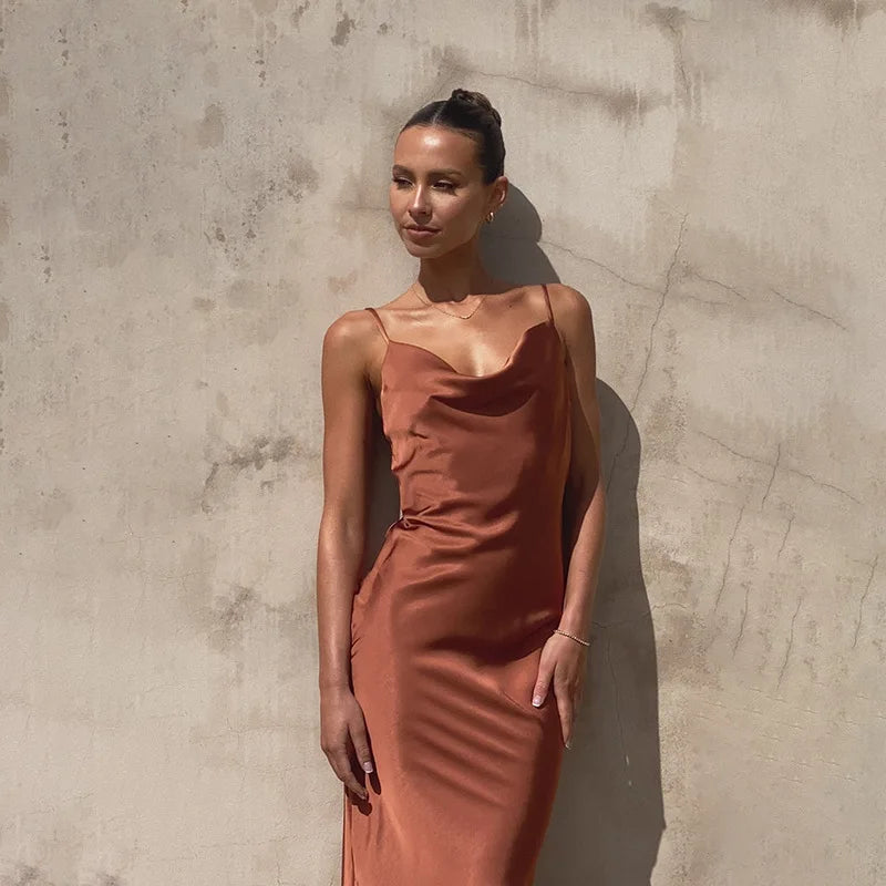 Women's Cowl Neck Maxi Wedding Guest Dress with Spaghetti Straps and Floor-Length Hem