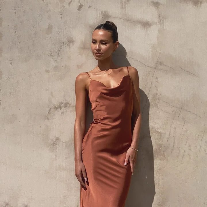 Women's Cowl Neck Maxi Wedding Guest Dress with Spaghetti Straps and Floor-Length Hem