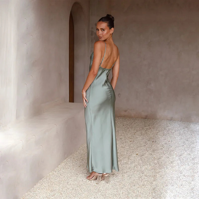 Women's Cowl Neck Maxi Wedding Guest Dress with Spaghetti Straps and Floor-Length Hem