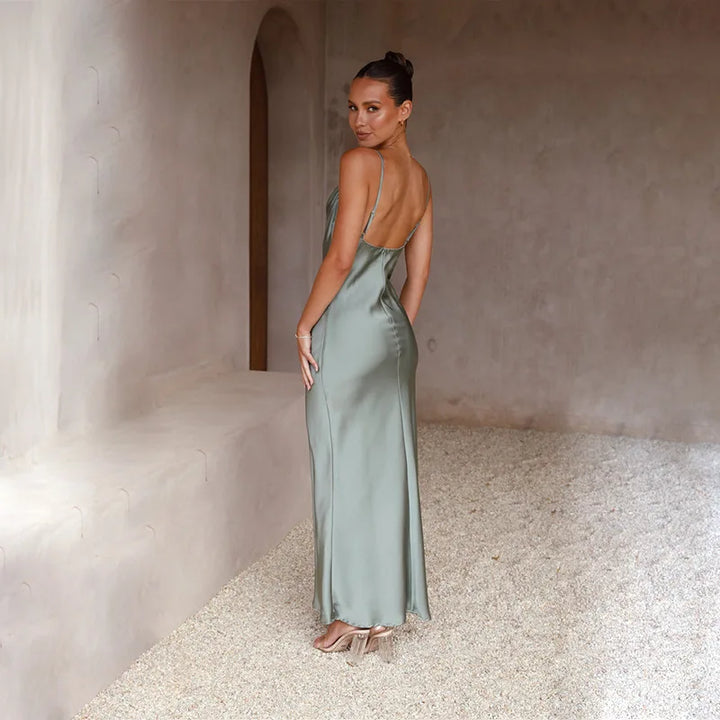 Women's Cowl Neck Maxi Wedding Guest Dress with Spaghetti Straps and Floor-Length Hem
