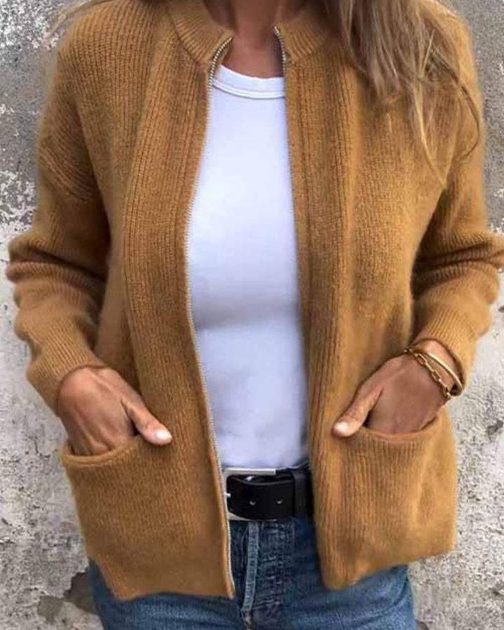 Women’s Crew Neck Zip Front Cardigan with Long Sleeves and Dual Front Pockets