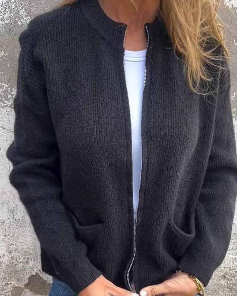 Women’s Crew Neck Zip Front Cardigan with Long Sleeves and Dual Front Pockets