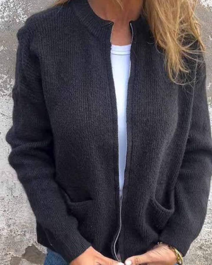 Women’s Crew Neck Zip Front Cardigan with Long Sleeves and Dual Front Pockets