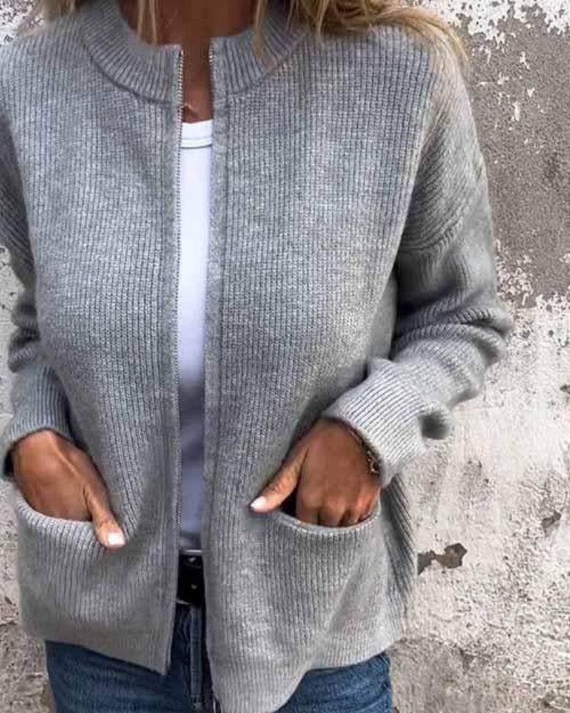 Women’s Crew Neck Zip Front Cardigan with Long Sleeves and Dual Front Pockets