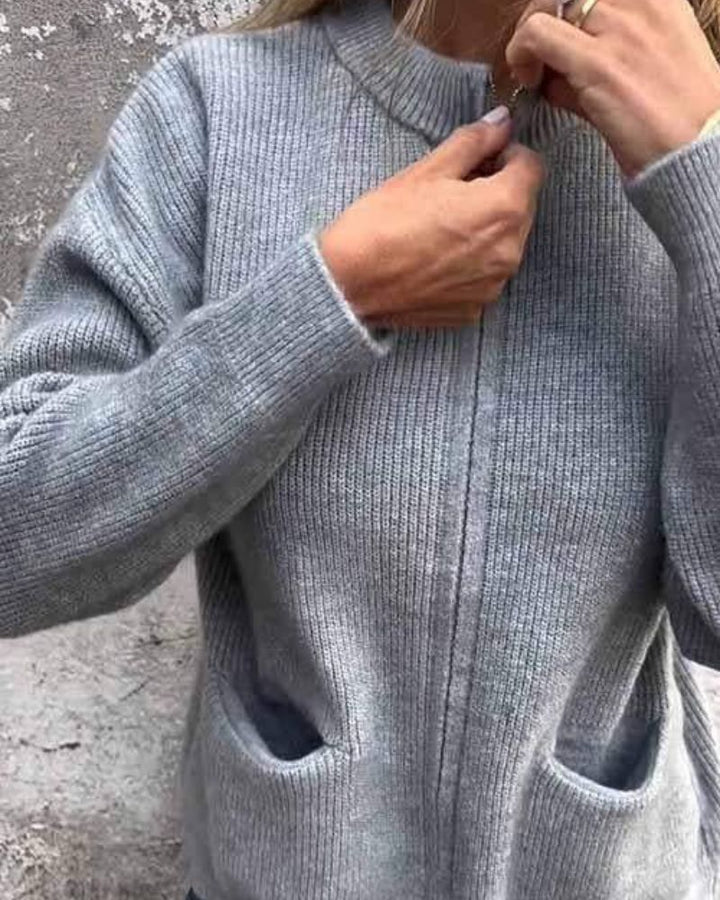 Women’s Crew Neck Zip Front Cardigan with Long Sleeves and Dual Front Pockets