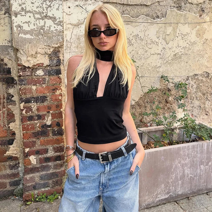 Women’s Crop Top with V Neck and Ruched Front Detail