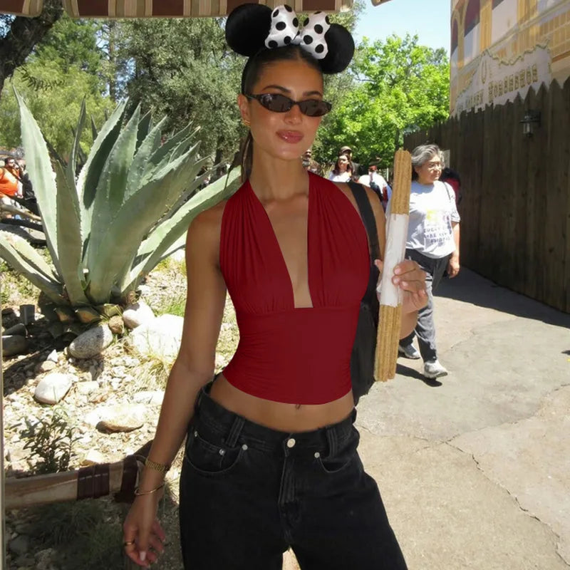 Women’s Crop Top with V Neck and Ruched Front Detail