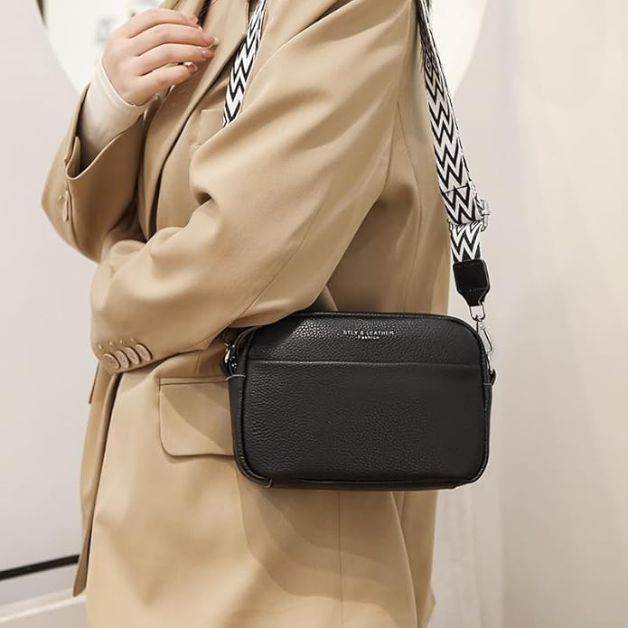 Women’s Crossbody Bag with Patterned Strap and Exterior Pocket