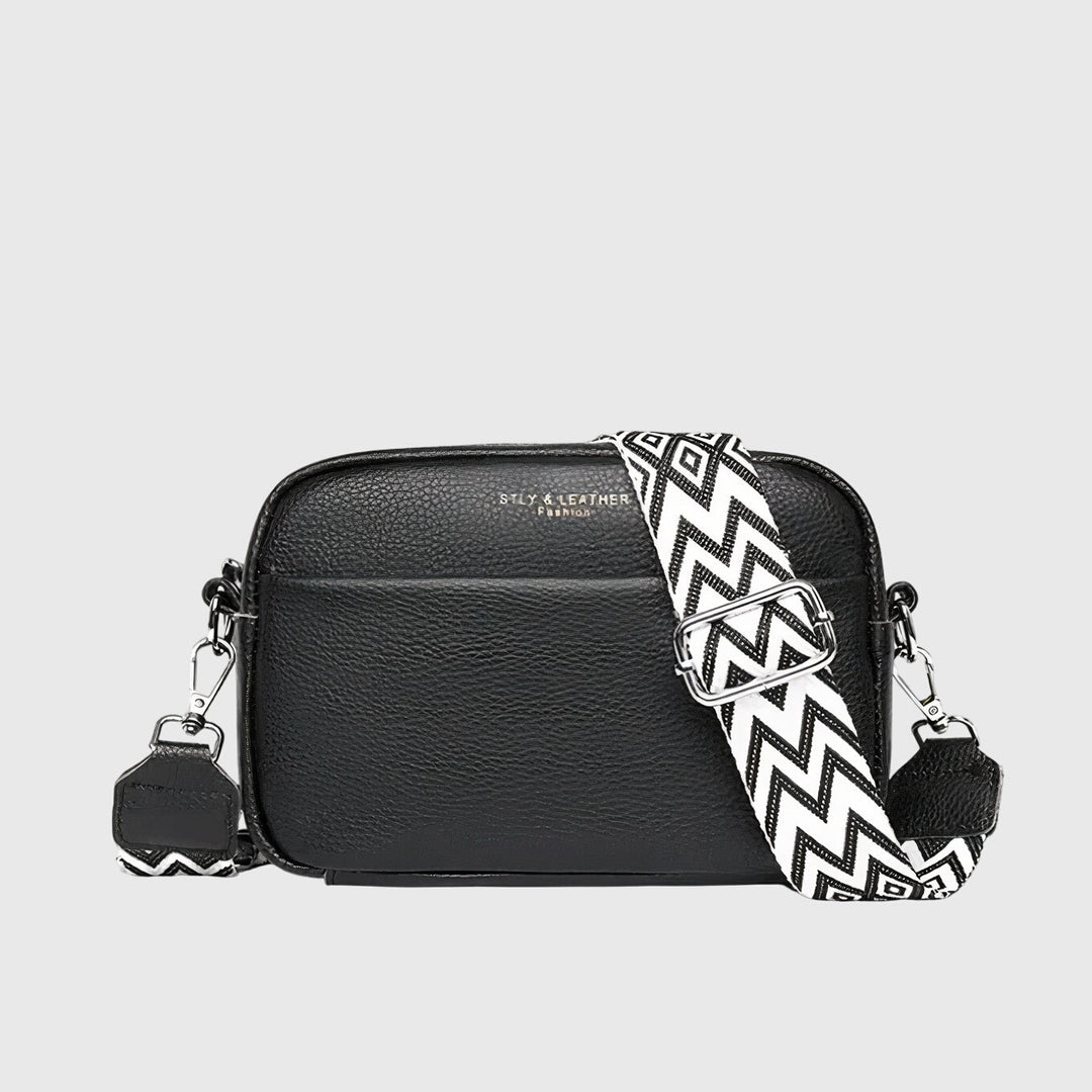 Women’s Crossbody Bag with Patterned Strap and Exterior Pocket