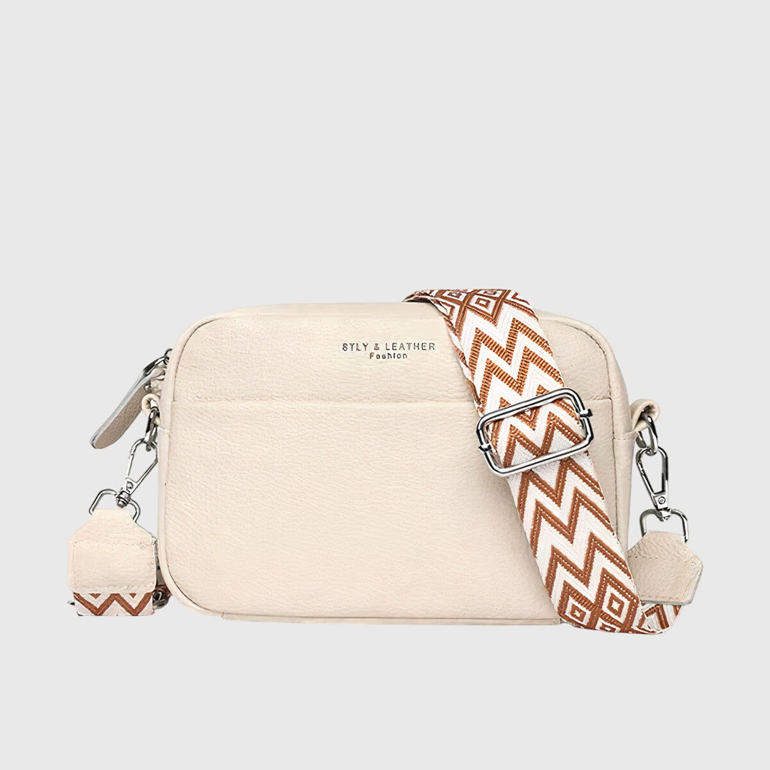 Women’s Crossbody Bag with Patterned Strap and Exterior Pocket