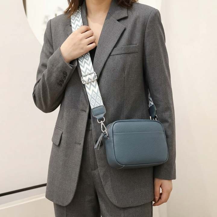 Women’s Crossbody Bag with Patterned Strap and Exterior Pocket