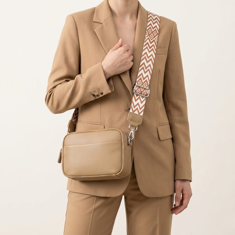 Women’s Crossbody Bag with Patterned Strap and Exterior Pocket
