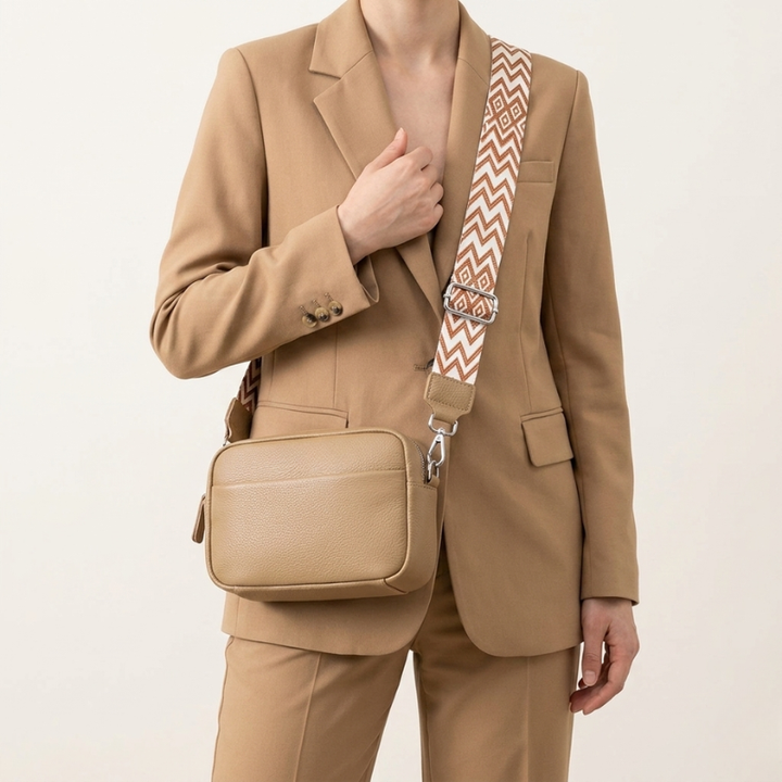 Women’s Crossbody Bag with Patterned Strap and Exterior Pocket