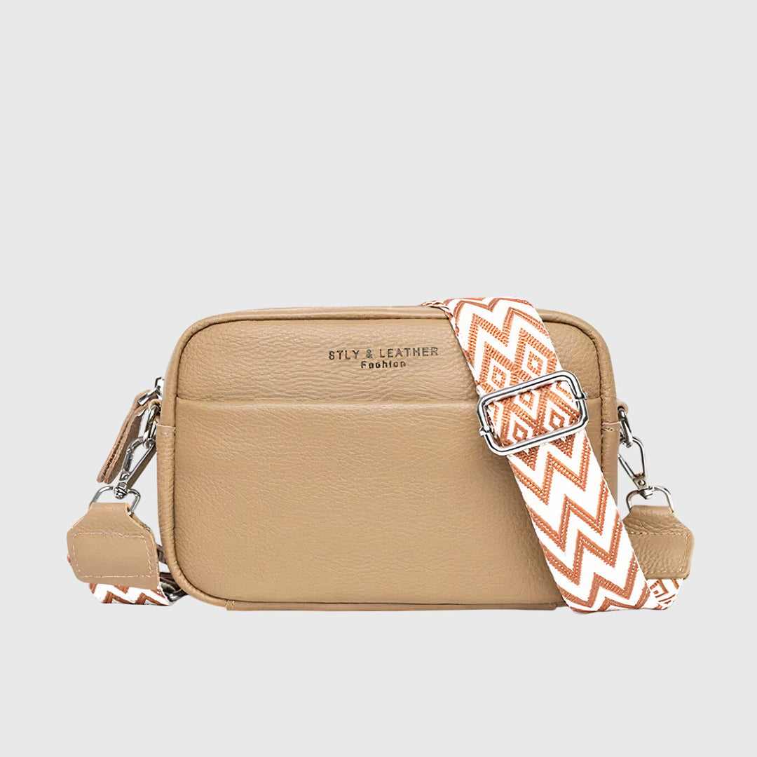 Women’s Crossbody Bag with Patterned Strap and Exterior Pocket