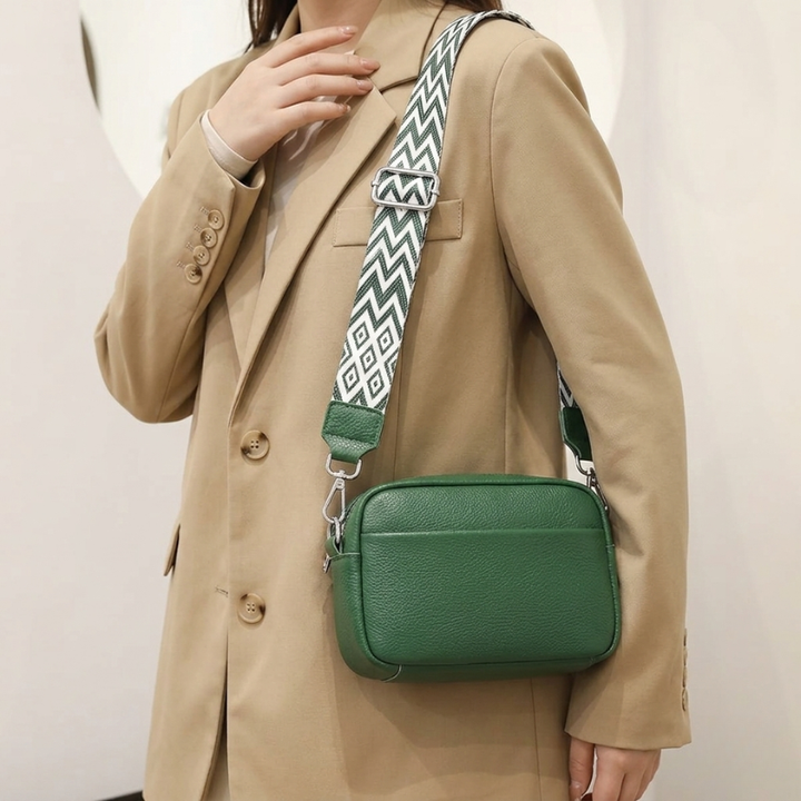 Women’s Crossbody Bag with Patterned Strap and Exterior Pocket