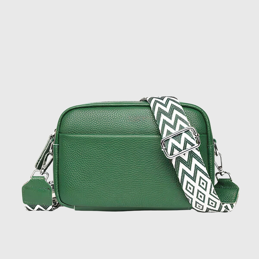 Women’s Crossbody Bag with Patterned Strap and Exterior Pocket