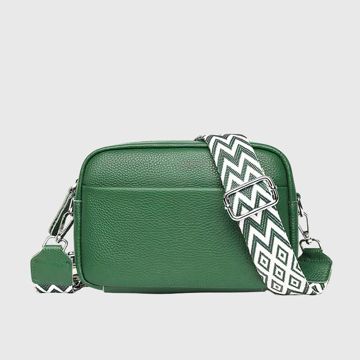 Women’s Crossbody Bag with Patterned Strap and Exterior Pocket