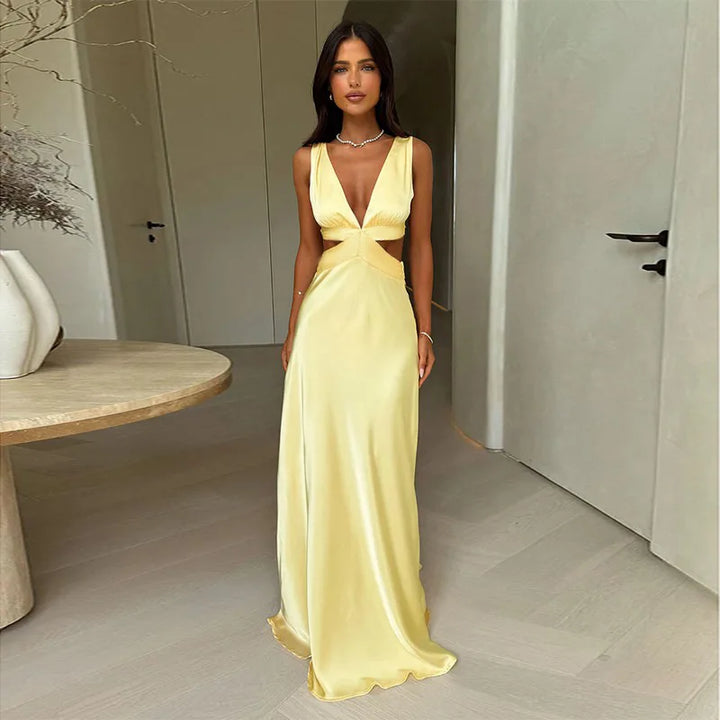 Women’s Cut-Out Wedding Guest Dress with Plunging V-Neck and Flowing Skirt
