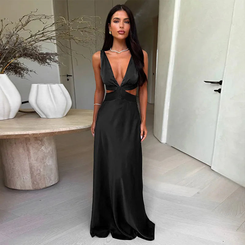 Women’s Cut-Out Wedding Guest Dress with Plunging V-Neck and Flowing Skirt