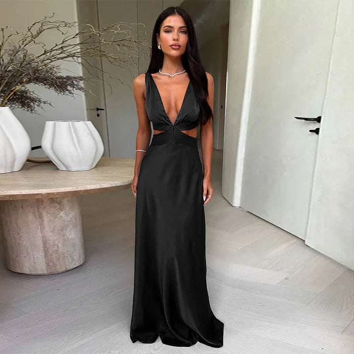 Women’s Cut-Out Wedding Guest Dress with Plunging V-Neck and Flowing Skirt