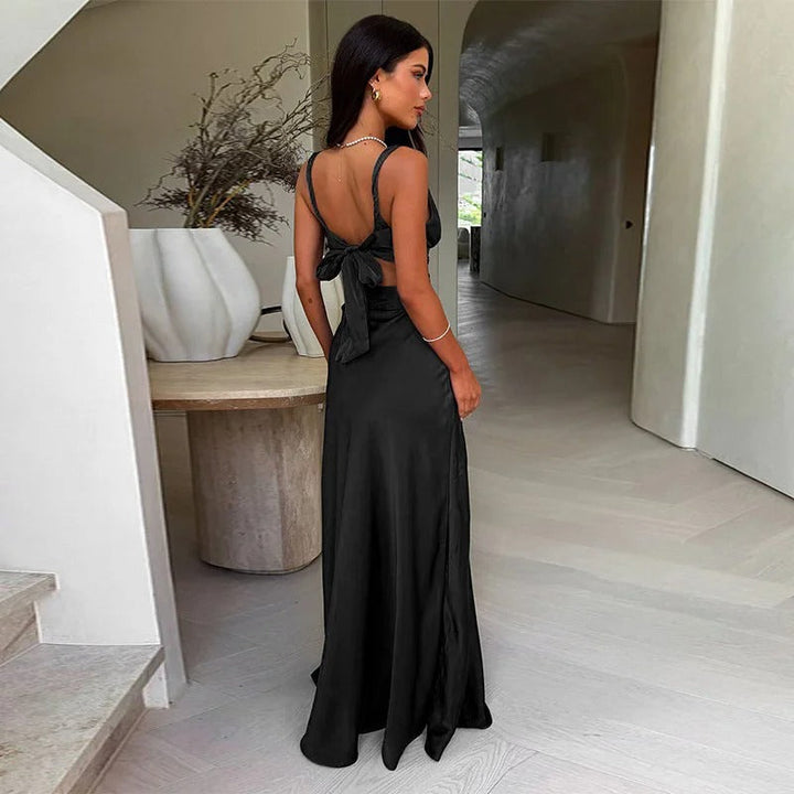 Women’s Cut-Out Wedding Guest Dress with Plunging V-Neck and Flowing Skirt