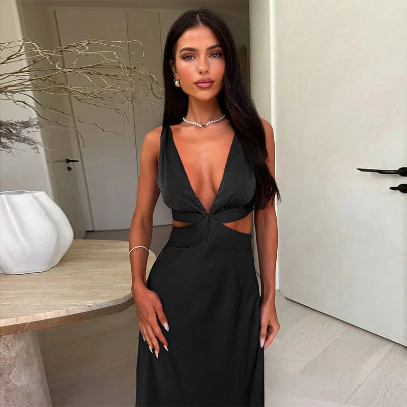Women’s Cut-Out Wedding Guest Dress with Plunging V-Neck and Flowing Skirt