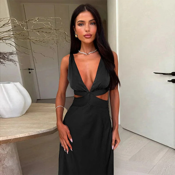 Women’s Cut-Out Wedding Guest Dress with Plunging V-Neck and Flowing Skirt
