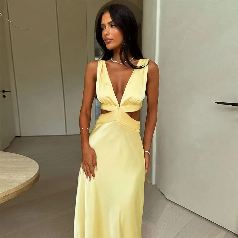 Women’s Cut-Out Wedding Guest Dress with Plunging V-Neck and Flowing Skirt