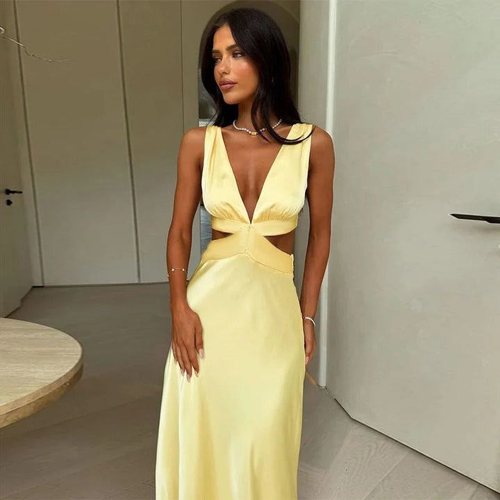 Women’s Cut-Out Wedding Guest Dress with Plunging V-Neck and Flowing Skirt